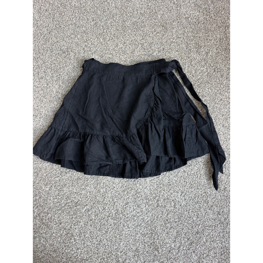 Aerie Black Linen Blend Ruffle Wrap Mini Skirt XXS TTP Tie Waist Breezy Summer